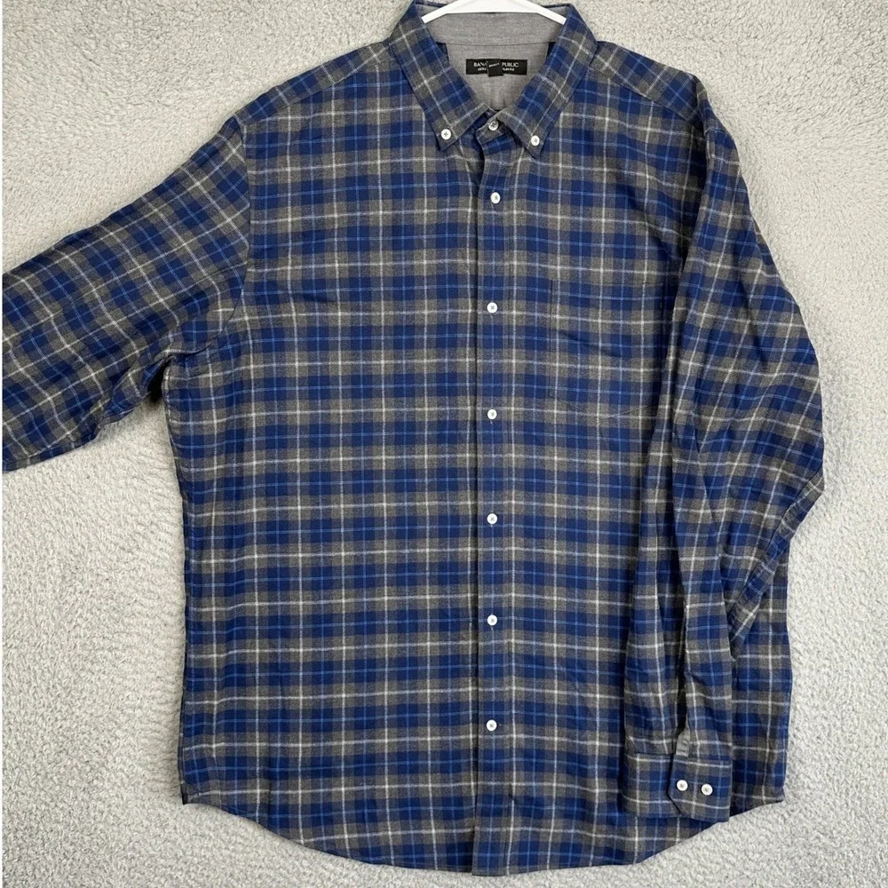 Banana Republic Shirt Mens XL Blue Grey Luxe Flannel Slim Fit Plaid Button Down